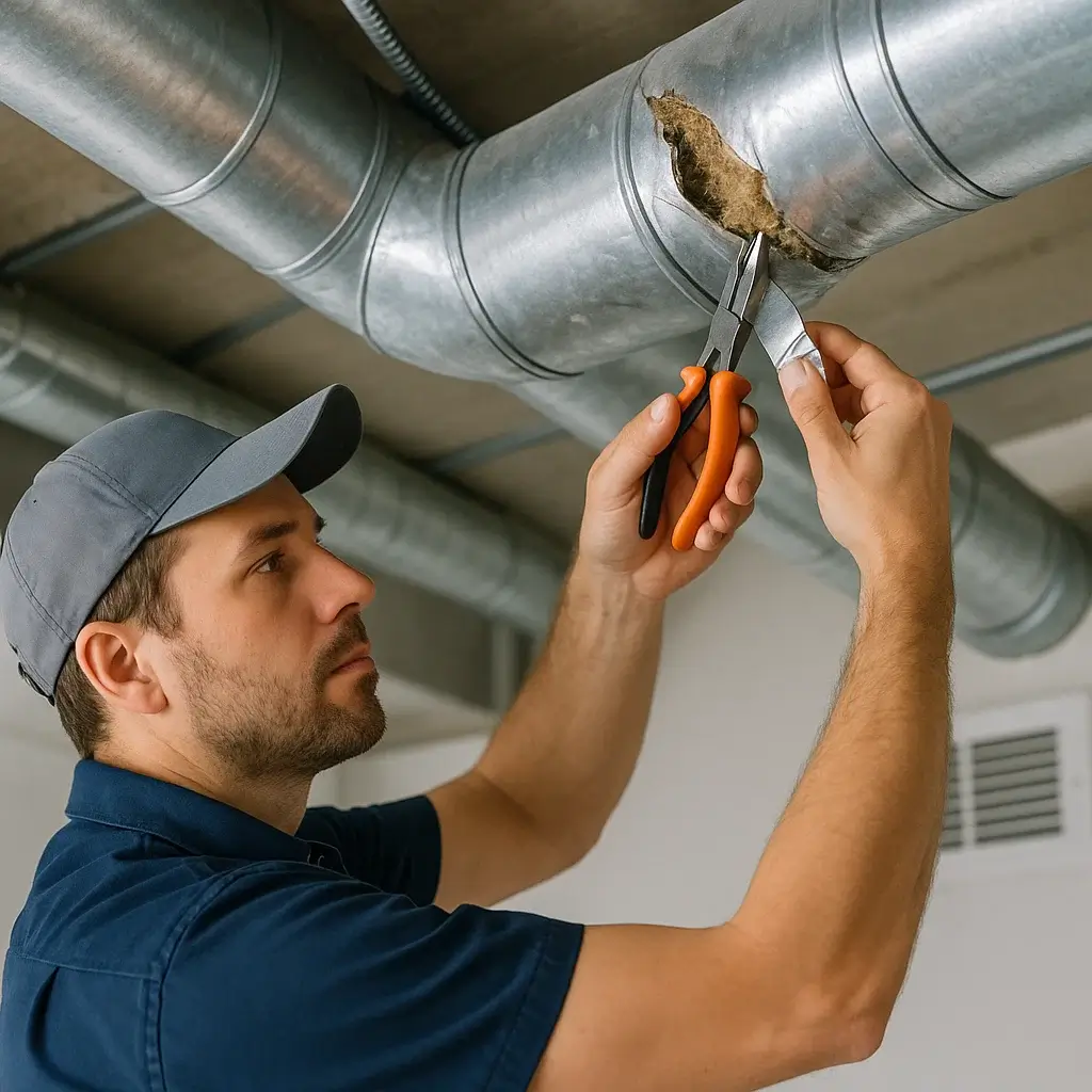 Technician repairing and sealing air ducts in Katy TX 